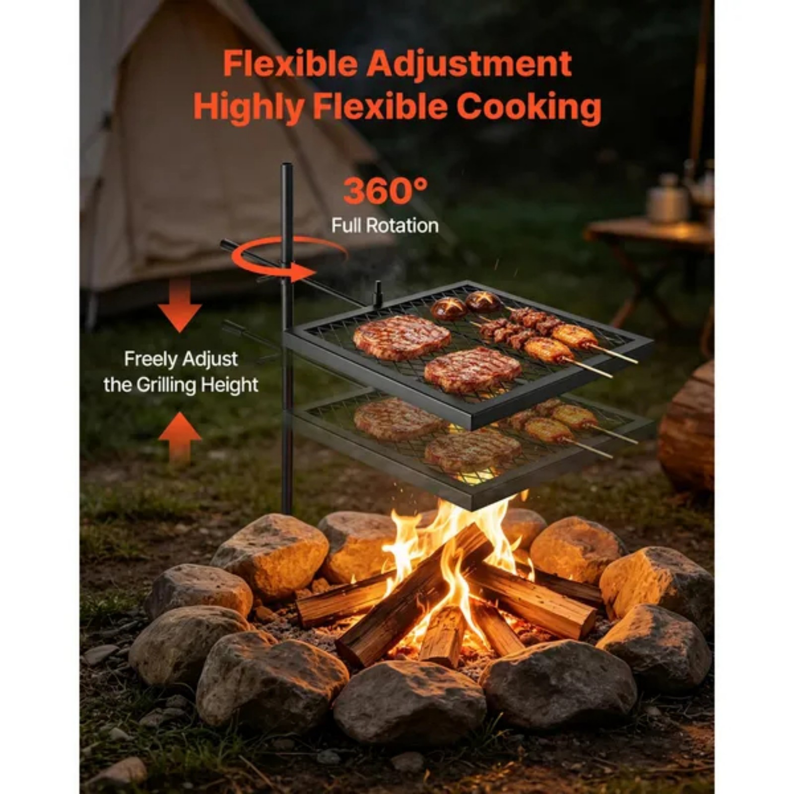 شواية دوارة متينة للتخييم، شوا - مراجعة Camping Cooking Over Fire وسعره